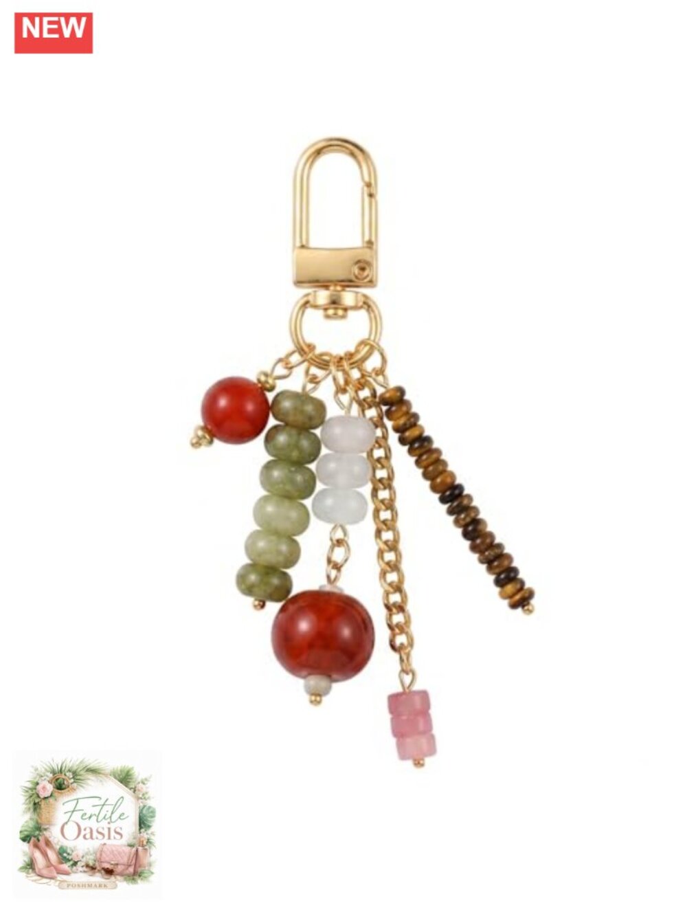 Handmade Natural Stone Beaded Keychain Charm with Gold Plated Hardware